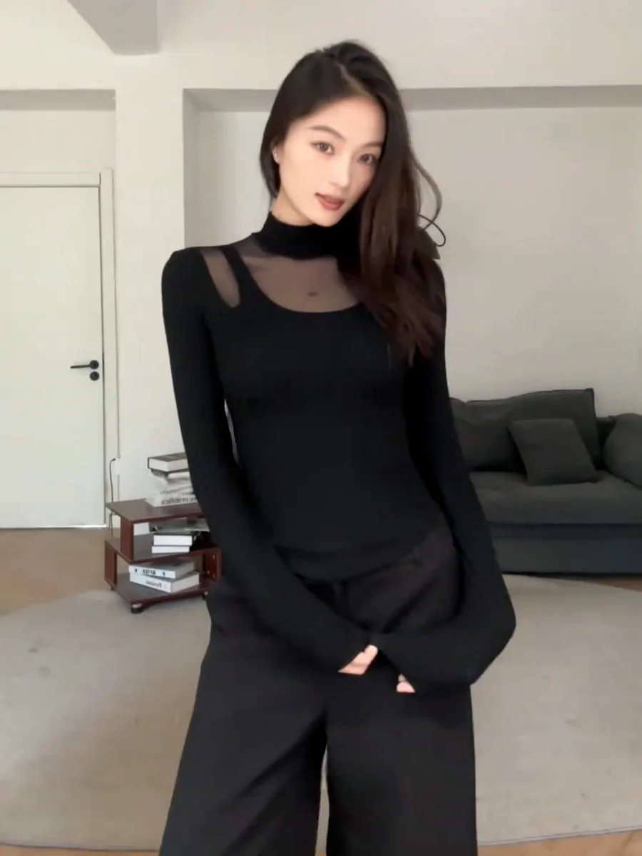 plus Size Women's Black Mesh Long Sleeve T-Shirt Slimming High Neck Casual Style Pear Shape Body Type Suitable for Autumn Wear