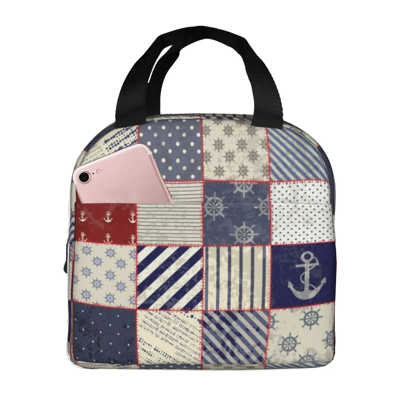 Ocean Voyage Checkered Pattern Lunch Bags Insulated Bento Box Lunch Tote Leakproof Picnic Bags Thermal Bag for Woman Girl School