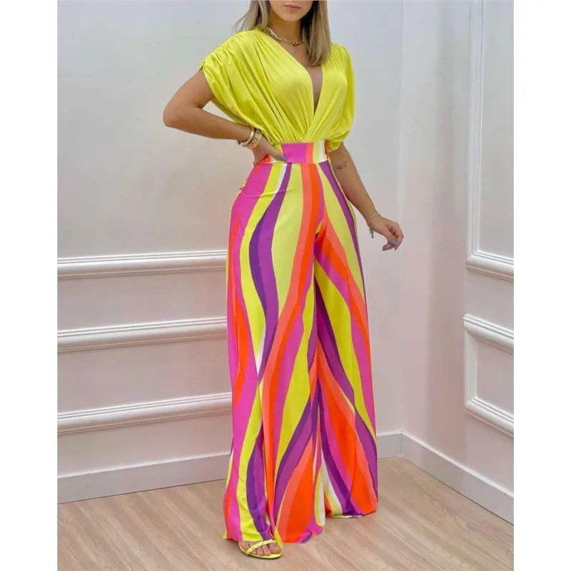 

Ladies Fashion Print V-Neck Wide Leg Office Trousers Suit Summer 2 Pieces Set For Women Boho Short Sleeve Top & Long Pant Suits