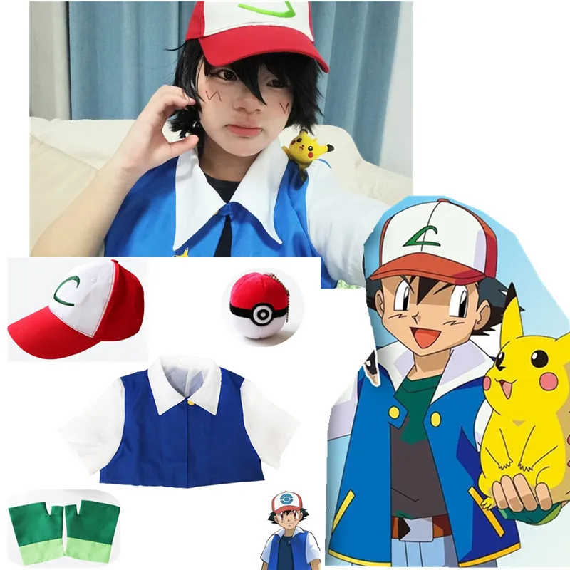 

Ash Ketchum Cosplay Costume Adult Kids Outfits Blue Jackets Gloves Sets Pokemon Anime Figures Cartoon Party Role Play Clothing