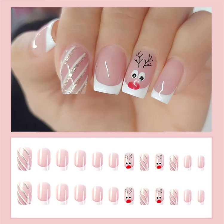 

Christmas French Fake Nails Tips With Glue Sticker Natural Acrylic Press On False Nails DIY Lady Finger Manicure Accessory