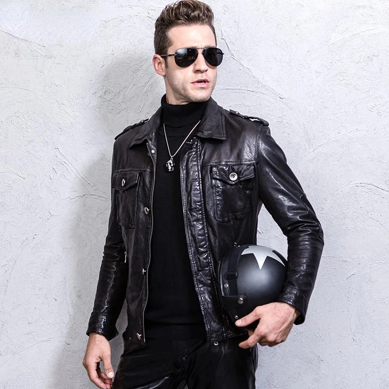 New Spring and Autumn Real Sheepskin Motorcycle Coat Trendy Handsome Black Windproof Genuine Leather Jacket Mens Clothing