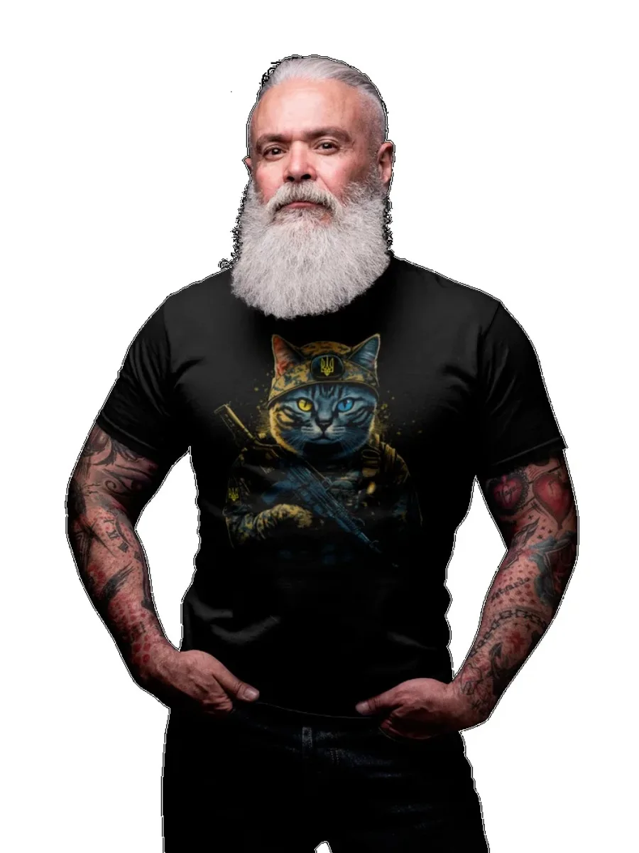 Ukraine Cat Soldier Ukrainian Trident T-Shirt 100% Cotton O-Neck Summer Short Sleeve Casual Mens T-shirt Size S-3XL