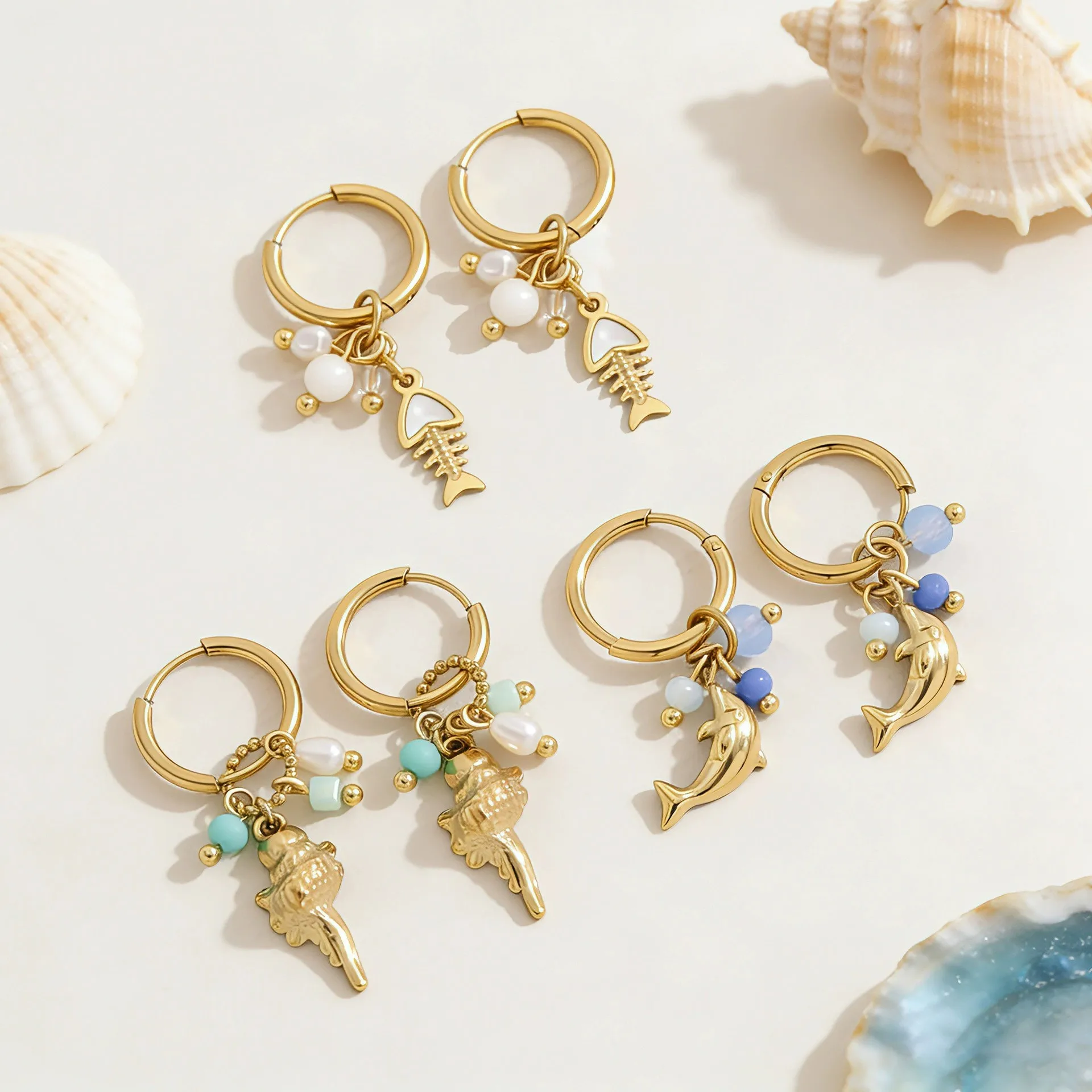 Trendy Gold Plated Stainless Steel Animal Conch Whale Pearl Dangle Earrings for Women Cute Dolphin Charm Ocean Series Jewelry