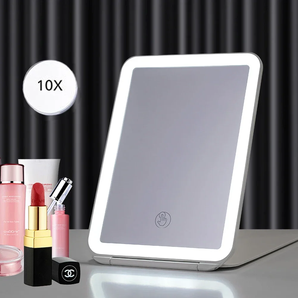 Portable Folding Travel Makeup Mirror Touch Screen 3 Colors LED Light Beauty Cosmetic Vanity Mirror Dressing Desktop USB Supply