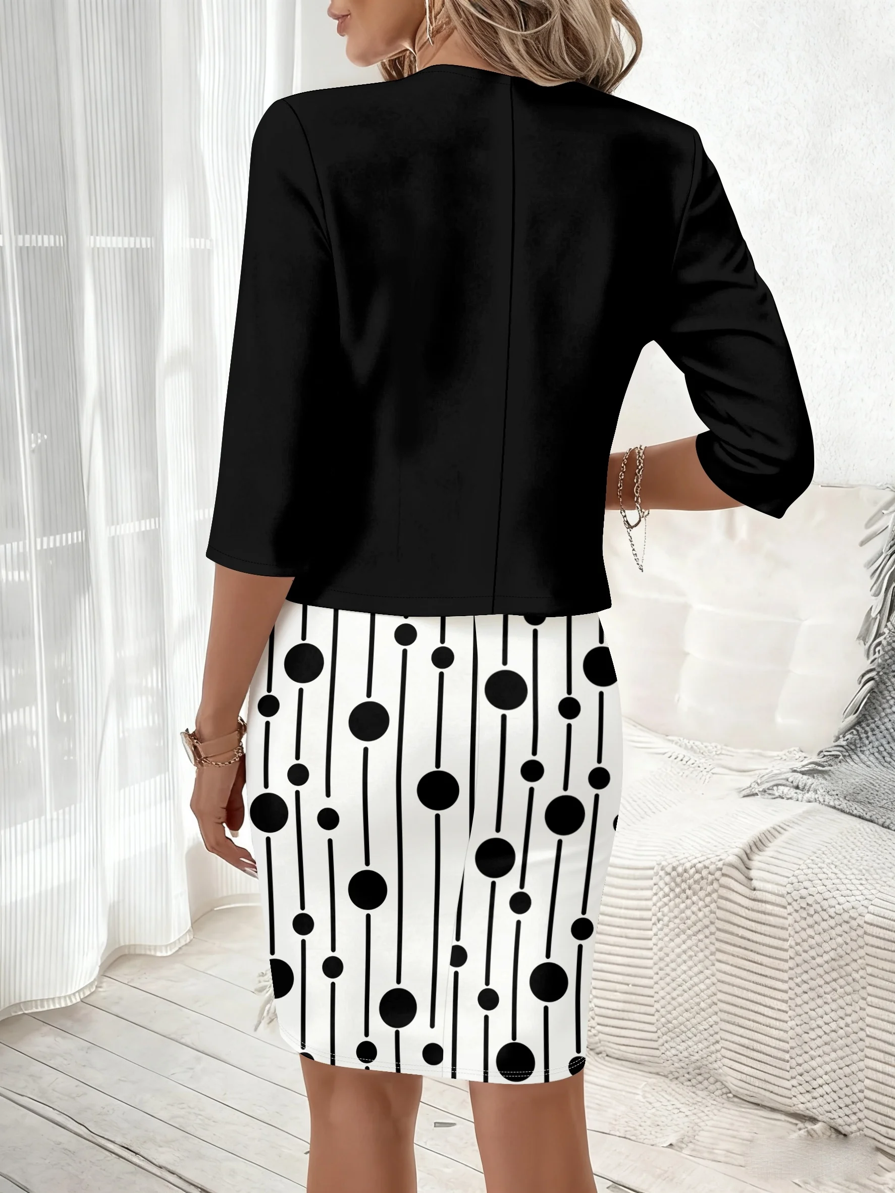 Printed Design Autumn and winter casual style black and white polka dot striped dress set