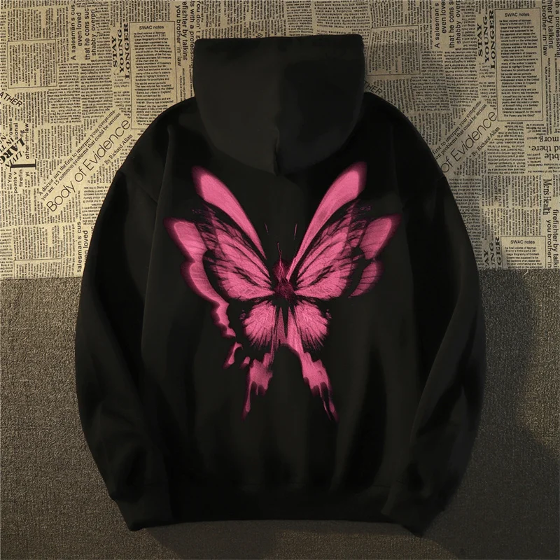 Felpe con cappuccio a maniche lunghe con grafica a farfalla autunno gotico uomo Harajuku moda pullover stampato felpa con cappuccio nuove felpe streetwear Y2K