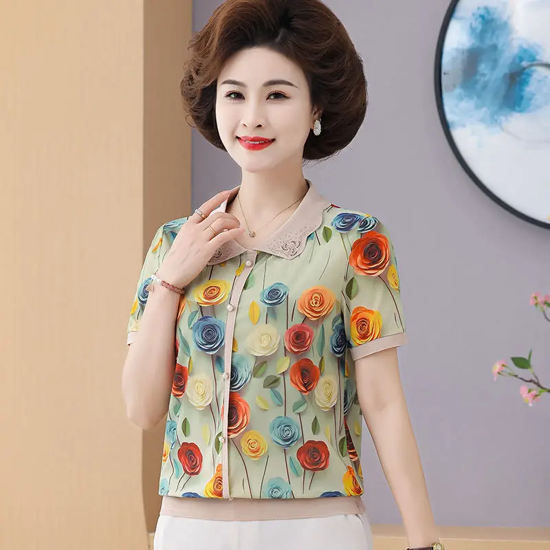 New Style Mother's Ice Silk Fashionable Lapel Short-sleeved T-shirt Middle-aged and Elderly Top Thin Shirt