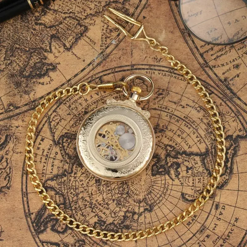 Vintage Yellow Golden Pocket Watch Handwinding Mechanical Watches Roman Numeral Display Open Face Clock with Pendant Chain