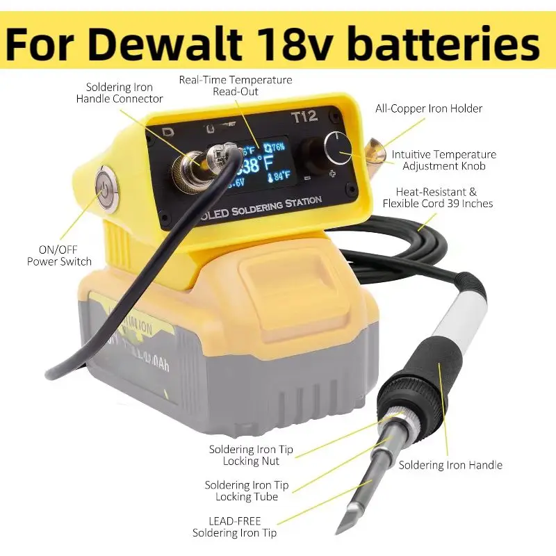 Tentação de ferro de solda sem fio T12 para Dewalt 20V 60V max Bateria Tela de exibição digital OLED (somente ferramenta)