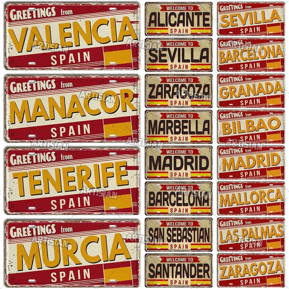 Welcome To SPAIN Plate Landmark Metal Sign City State Name Decorative Plaque Wall Decor Tinplate License Tin Sign for Bar Garage