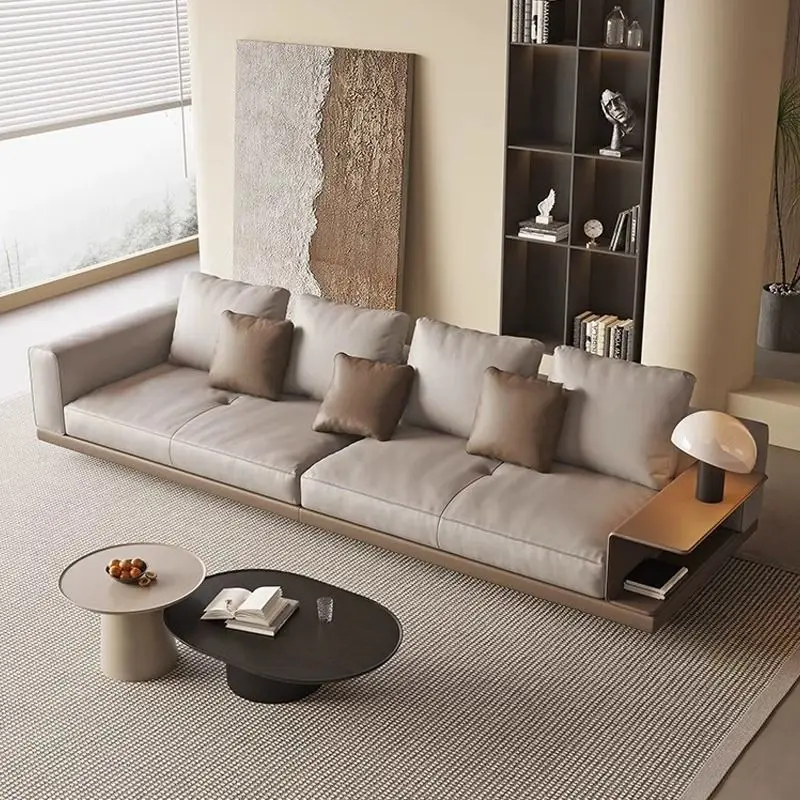 Leather large flat living room sofa first floor small apartment cowhide straight row