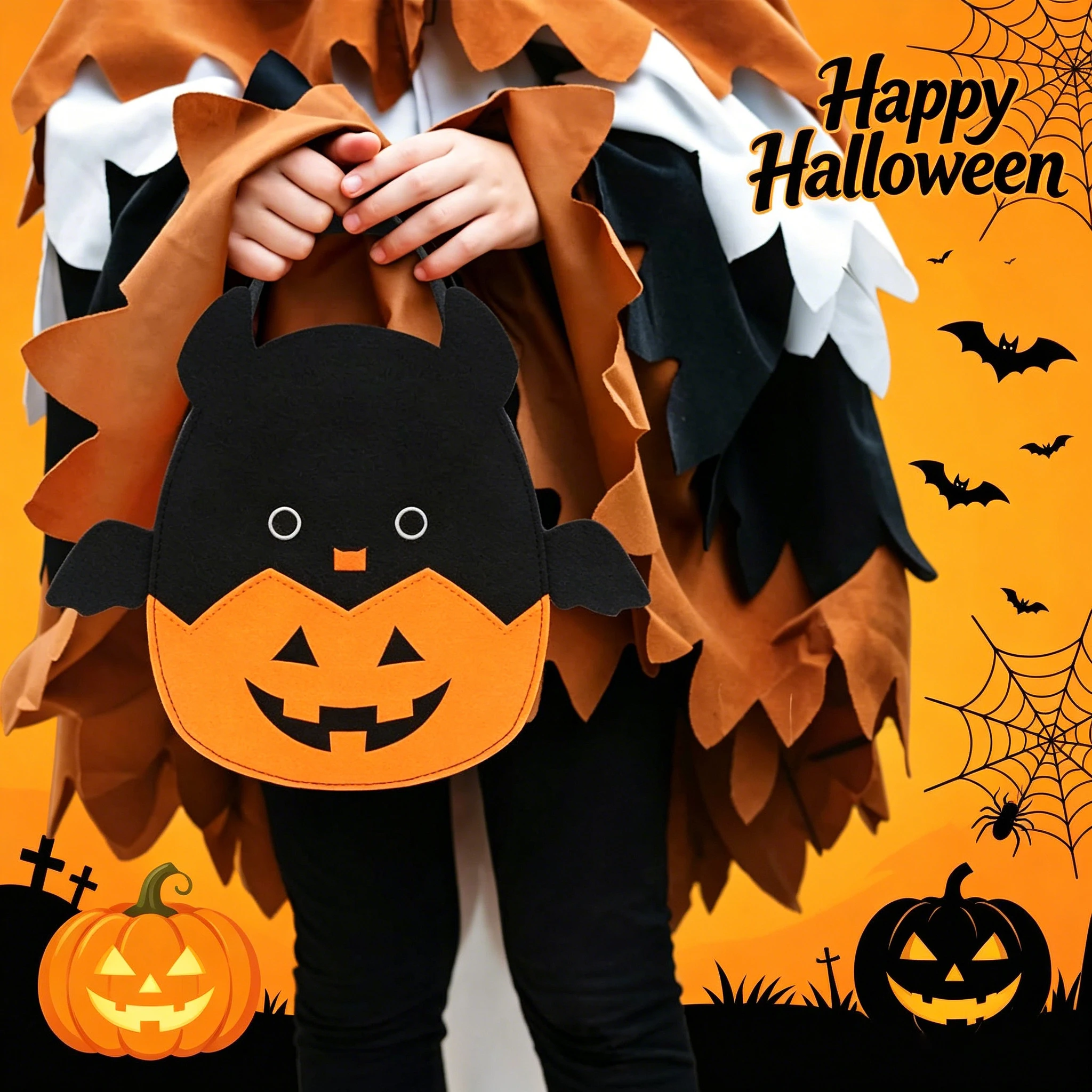 Bat Pumpkin Halloween Candy Basket Cute Felt Halloween Tote Bags Halloween Trick or Treat Bag for Kids Gift Goodie Party Favors