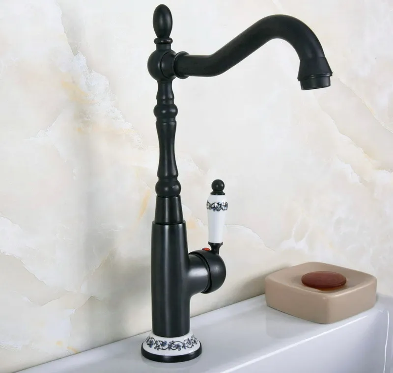 

Black Finish Brass Single Handle Hole Wash Basin Faucet Deck Mounted Swivel Spout Kitchen And Bathroom Sink Mixer Tap 2nf650