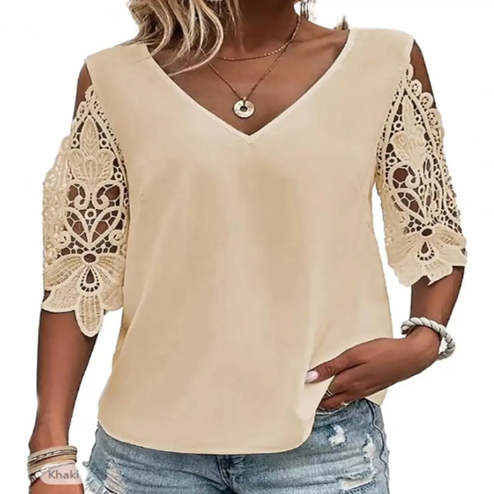 V-Neck Cold Shoulder Shirt Top Blouse Women Hollow Lace Stitching Half Sleeve Thin Casual Loose Solid Color Tops Daily Clothing