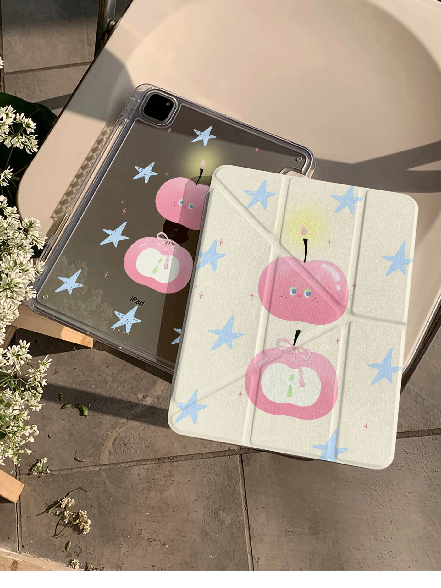 Kawaii Pink Apple Star Y2K Y-Fold Cover For iPad Pro 13 11th M5 M4 12.9 A16 8 7 9th 10th For Ipad Air 11 M2 M3 Mini Tablet Case