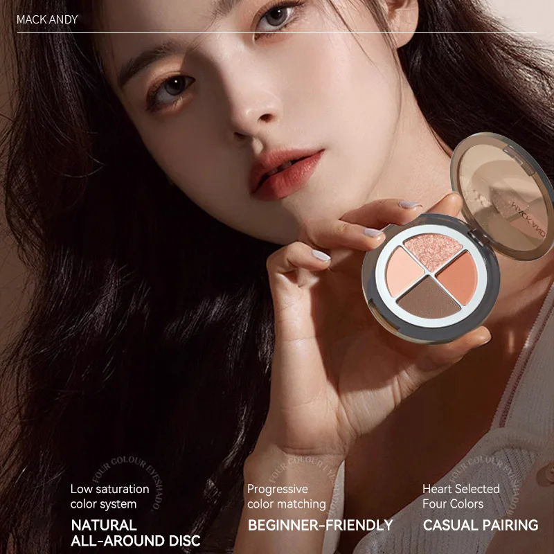 Paleta de sombras de ojos de cuatro colores con agitación de corazón, brillo mate y fino, material fino, aplicación de maquillaje natural, sombra de ojos iluminadora