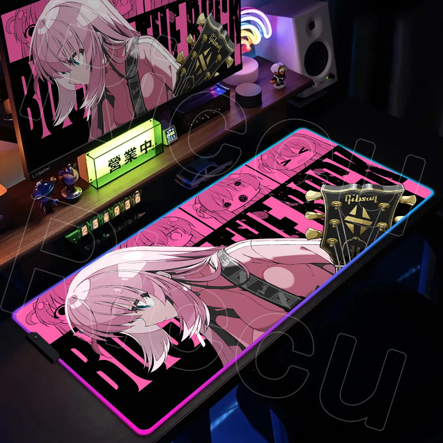 400x900mm LEDライトマウスパッドPCカーペット、バックライト付き「ぼっち・ざ・ロック！」アニメガール柄、RGBゲーミング発光キーボードマットアクセサリー