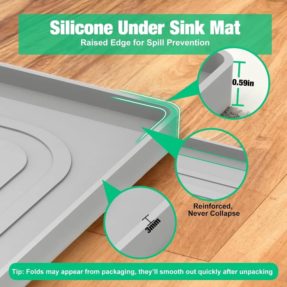 Waterproof Under Sink Mat 22"x19" - Silicone Cabinet Protector with Raised Edge, Leak Tray, Pet Feeding Mat, Gray view 5