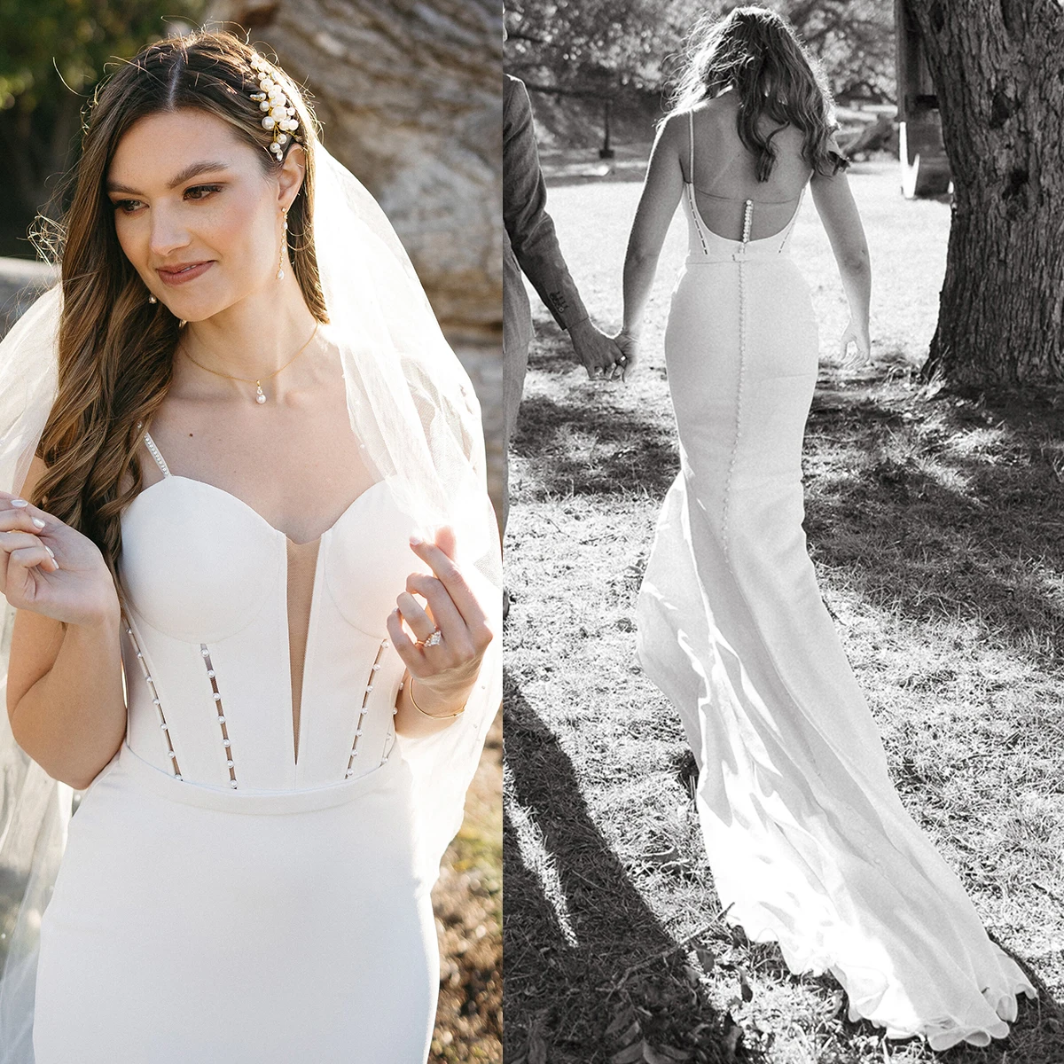 Simple Crepe Fitted Simple Wedding Gowns Illusion Customized Pearls Beaded Corset Ivory Spaghetti Straps Sheath Bridal Dresses