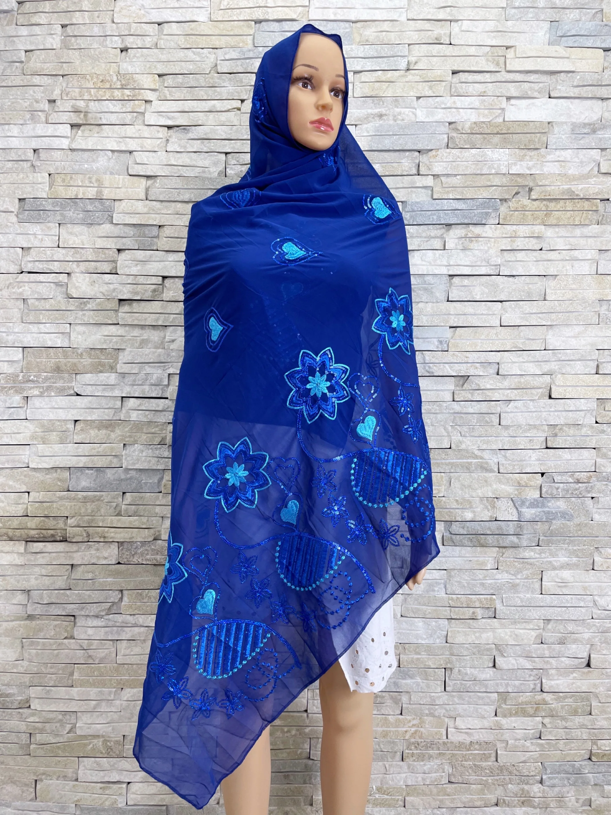 2024 Latest African Women Ramadan Scarf Soft Fabric Dubai Isalmic Sequin Embroidery Chiffon Hijab  Spring Shawls Wraps