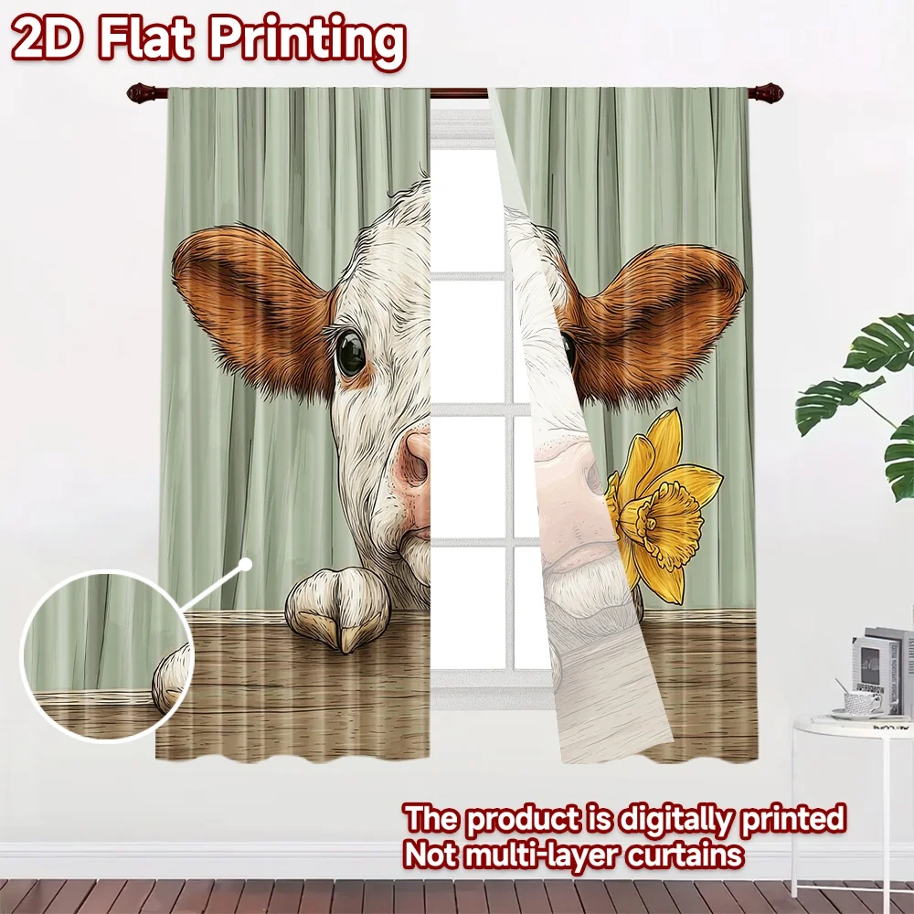 2D flat 2pcs Curtain Modern Minimalist Style Curtains Spring Calf Daffodil Digitally printed polyester Festive Holiday for