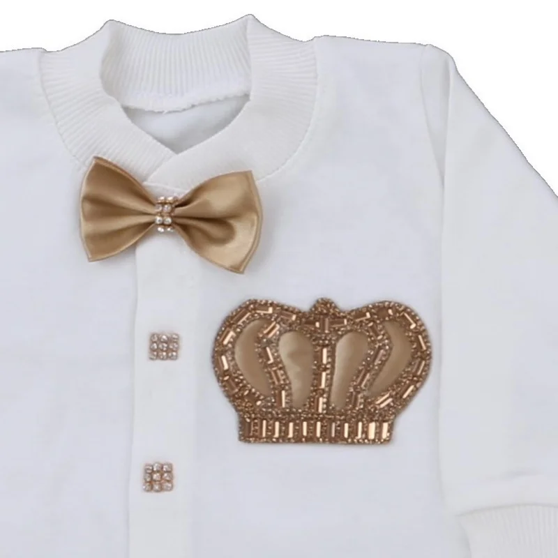 Soft Cotton Newborn Prince Outfit 0-9 Months 5Pcs White Dark Champagne Satin Vest Bow Tie Glitter Crown Footed Romper Luxury