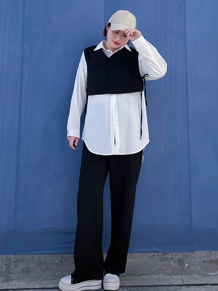 

plus Size Women's Long Sve irt Vest Set Slimming Mid-Length White irt Vest Autumn Commute Sle Korean Pure Color ...