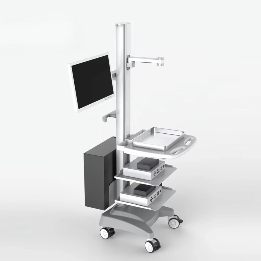 Industrial style medical equipment trolley Four-tray patient care with computer printer for hospital stations