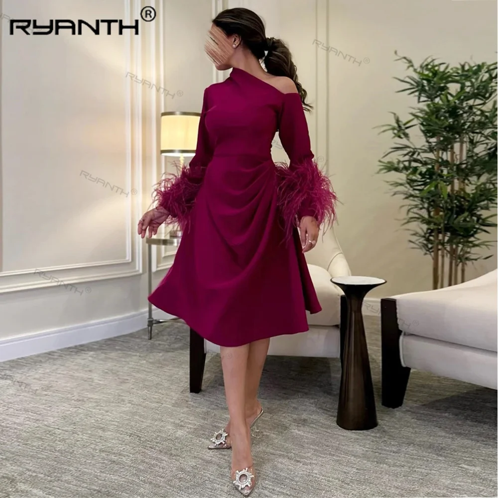 Ryanth Volledige Mouw Gala-Jurk Jurk Knielange Avondjurk Veren Celebrity Dress Fuchsia Banketjurk Vestidos De Noche