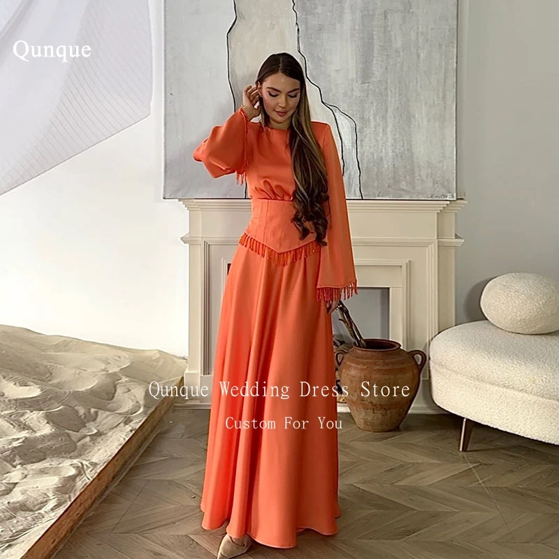 

Qunque Orange Satin Prom Dresses High Neck Long Sleeves With Tassel Beadings Party Dress Customized Vestidos De Fiesta Elegantes