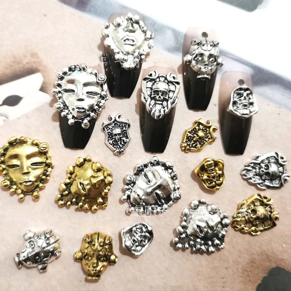 10pcs Medusa Mask Nail Art Charm 3D Metal Scream Ghostface Skull Evil Mask Nail Rhinestone Jewelry DIY Punk Nail Accessories