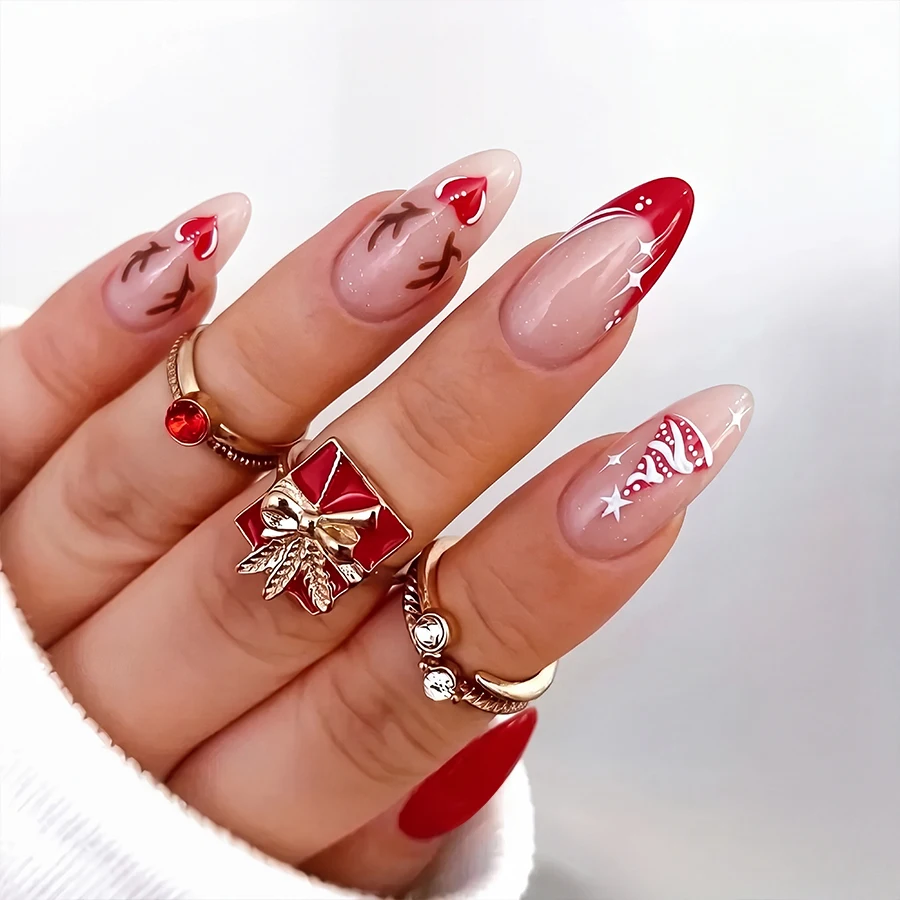 24-Piece Set of Christmas Reindeer Antler Christmas Tree Almond-Shaped Press-On Nails, Red-Orange Gradient Detachable Fake Nails, Includes Jelly Glue and Nail File Set