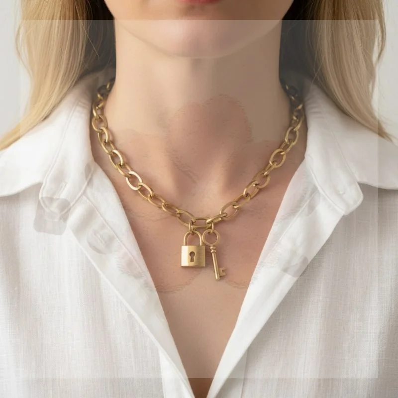 

Matte Thick Chain Key Pendant Necklace For Women with Modern Design Chunky Statement Jewelry Gift For Party and Everyday Wear