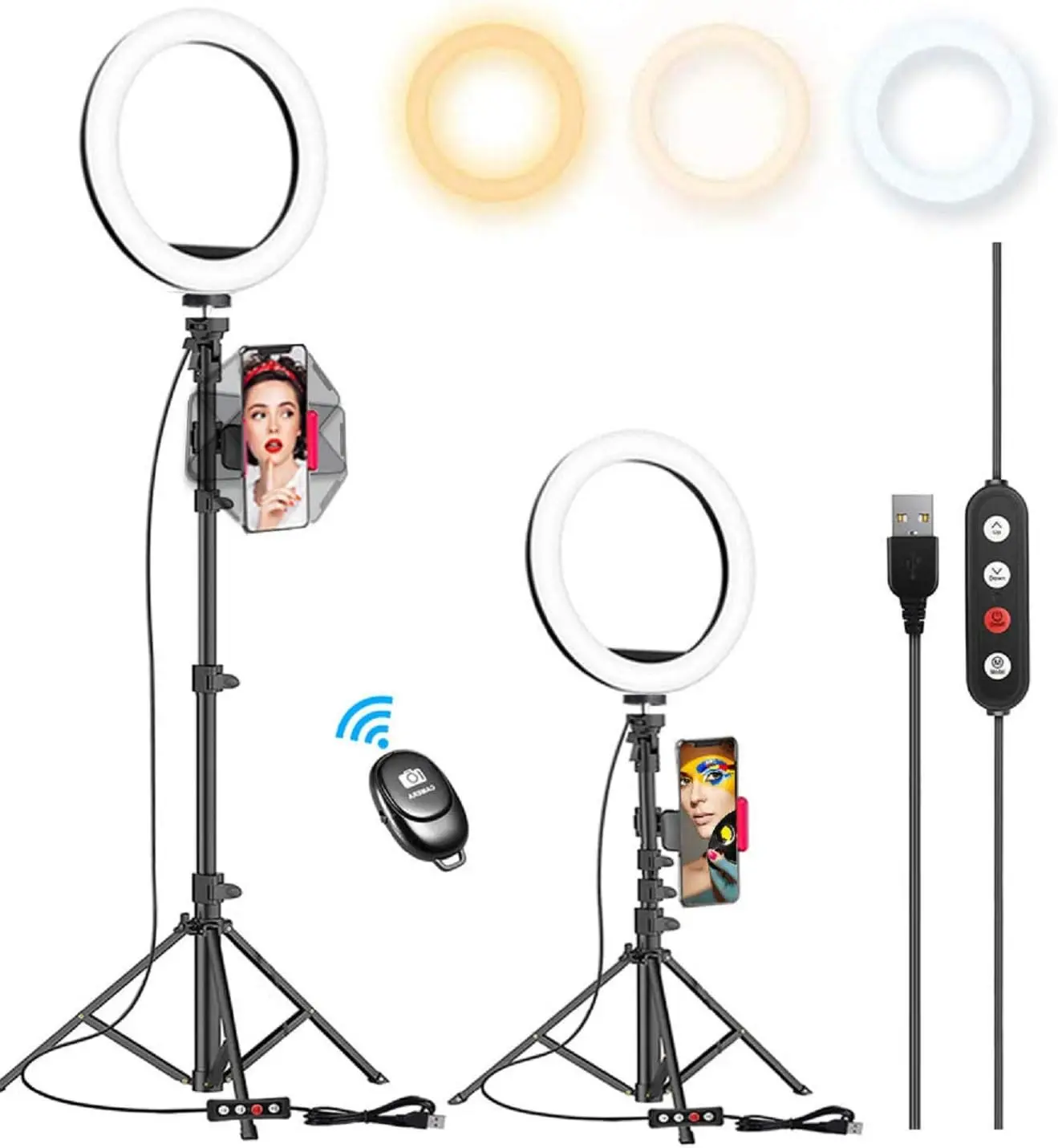 

10.2" Selfie Ring Light with 65" Adjustable Tripod Stand & Phone Holder for Live Stream/Makeup, Upgraded Dimmable LED Ri