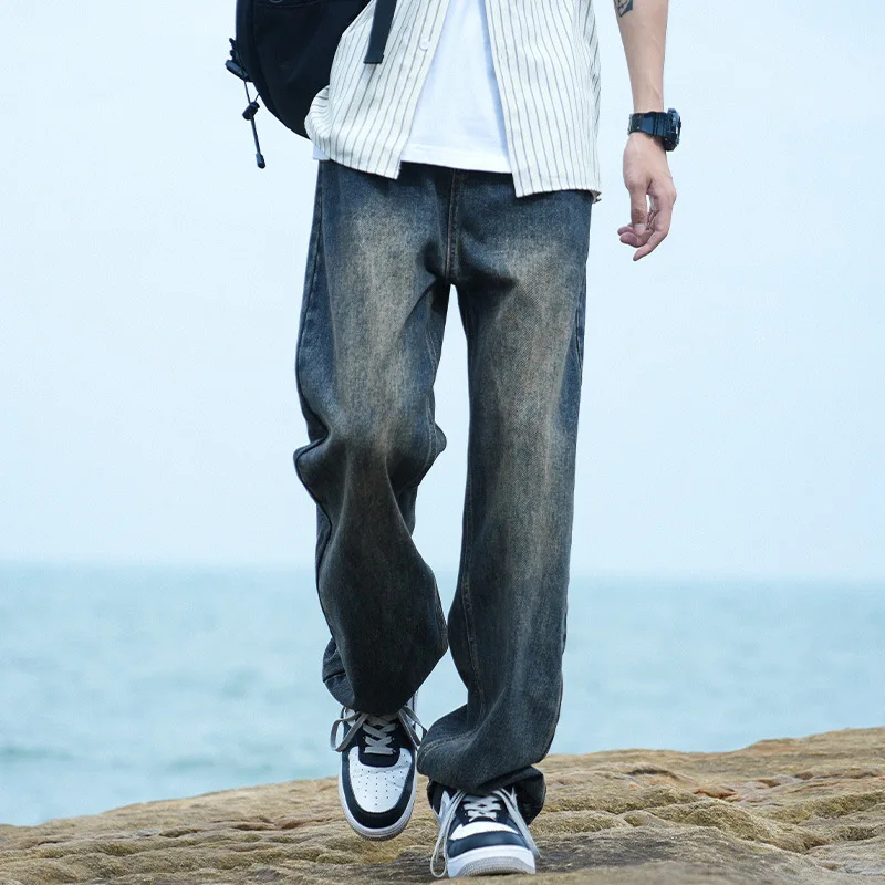 

Новые мужские мешковатые прямые джинсы, мужские модные винтажные повседневные джинсовые брюки, молодежные популярные брендовые уличные брюки