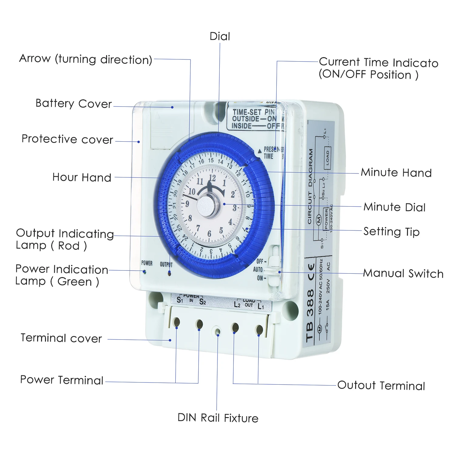 مؤقت ميكانيكي 24 ساعة مع بطارية 15 دقيقة فاصلات دبابيس ضغط غير فشل الطاقة 100 فولت-240 فولت 15A مفتاح الوقت Din السكك الحديدية #5