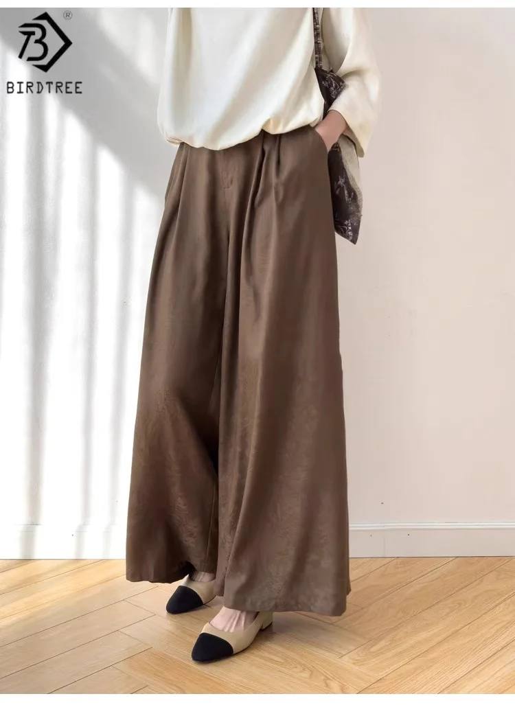 Birdtree 28M 100% Real Spun Silk Solid Pants,Women Jacquard Elastic Waist Autumn French Style Wide Leg Pant With Pocket P58002JF