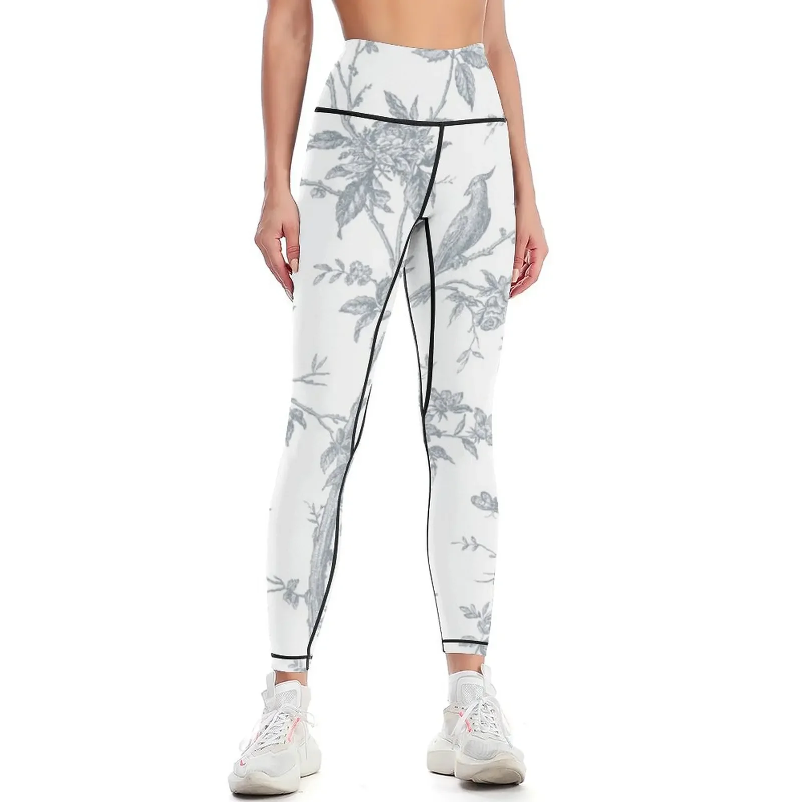 French Toile Pattern in Dusty Blue Colour Leggings flared gym womans Fitness clothing gym wear Womens Leggings
