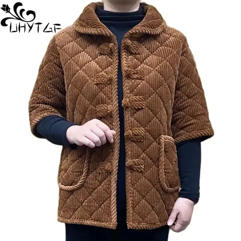 

Corduroy Vest Coat Women Fashion Mid-Sleeve Casual Plush Warm Jacket Female Vintage Dial Buckle Mom Autumn Winter Waistcoat 2463