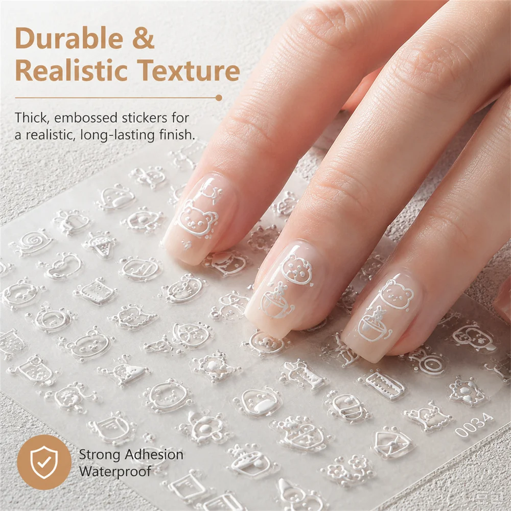 1Pc Hand‑Drawn Doodle Embossed Nail Stickers Cute Cat Bear Snail Floral Pattern Self‑Adhesive Decals For Kawaii Nail Projects