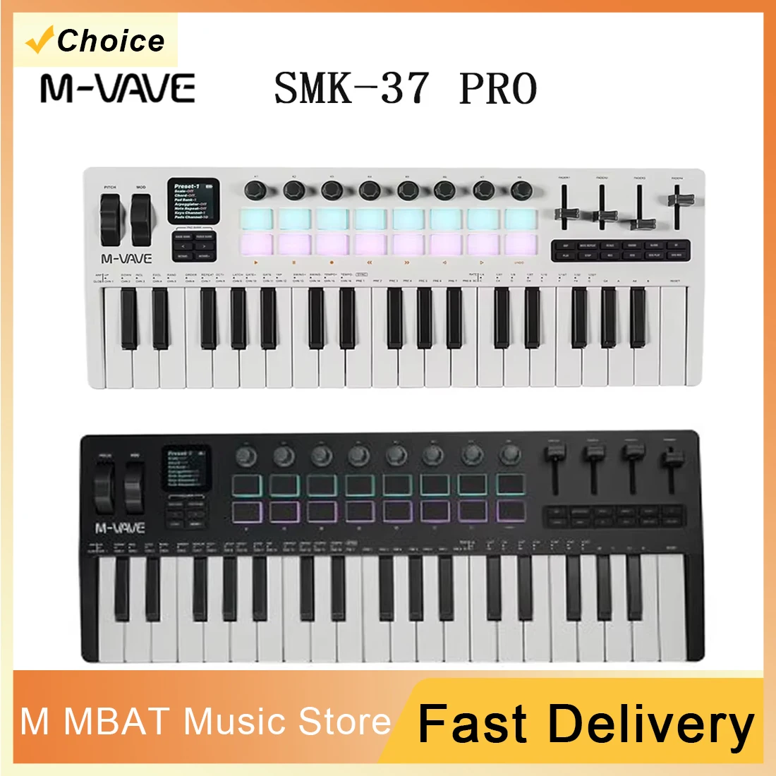 

M-VAVE SMK-37 Pro 37-клавишная MIDI-клавиатура с RGB-подсветкой, джеком 3,5 мм, звуковыми пэдами, беспроводным подключением и мультисистемной совместимостью