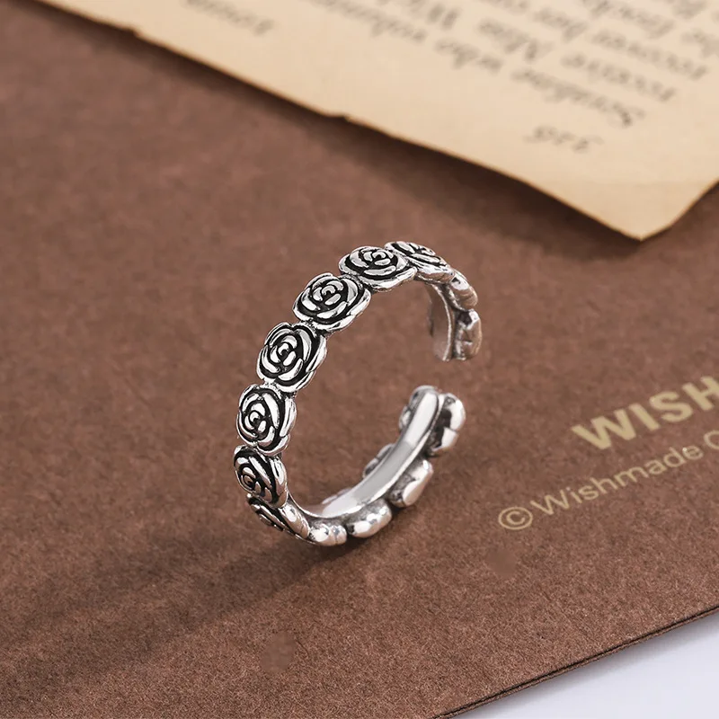 Retro Einfacher Rosen-Ring aus 925 Sterling Silber, Modischer Persönlichkeits-Blumenring, Süßer Beliebter Offener Ring JZ030