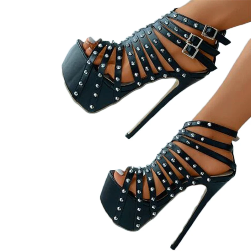 

SHOFOO shoes Fashion women's high heeled sandals About 15 cm heel height Summer women's shoes Short spike decorationNightclub