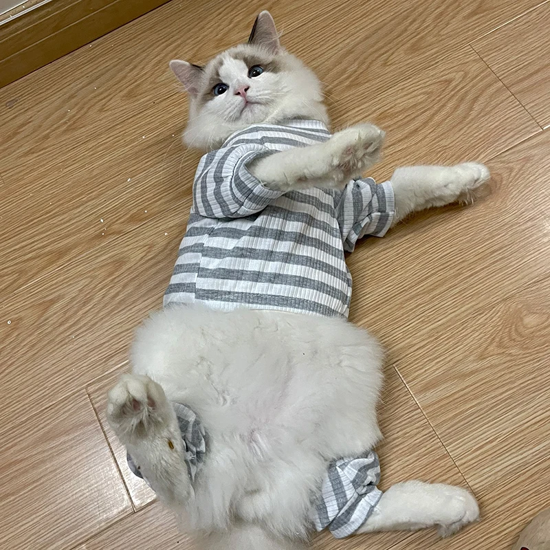 Soft Cotton Cat Pajamas Costumes Stripe Print Pet Jumpsuits for Small Dogs Cats Sphynx Clothing Cute Kitten Coverall Outfits