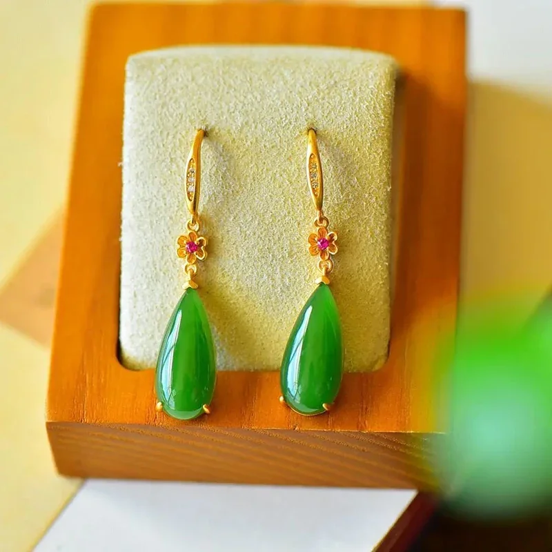 Designer original new flower inlaid drop-shaped Hetian jade earrings classical Chinese style ladies  jewelry