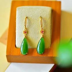 Designer original new flower inlaid drop-shaped Hetian jade earrings classical Chinese style ladies jewelry