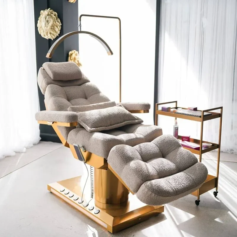 

Gold metal base with foot control 3 motor electric beauty massage bed beauty salon custom color face bed