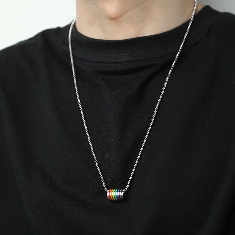 Hip Hop Enamel Rainbow Bead Charm Necklace Stainless Steel Box Chain Necklaces LGBT Pride Jewelry