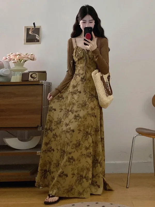 

plus Size Women's Vintage Coffee Color Ink Sketch Floral Print Strap Dr A-Line Long Dr Waist-Cinching Autumn New Sle